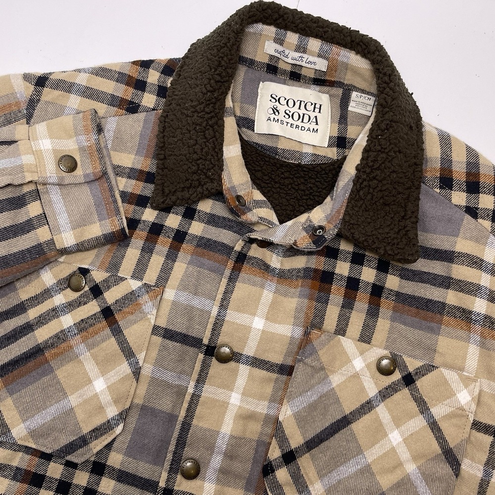 Scotch & Soda Men's Small Tan Brown Mocha Sherpa Lined Plaid‎ Flannel Jacket